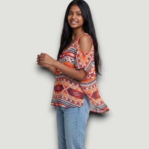 One Clothing Womens Blouse XL Orange Multicolor Cold Shoulder Aztec Casual Chic
